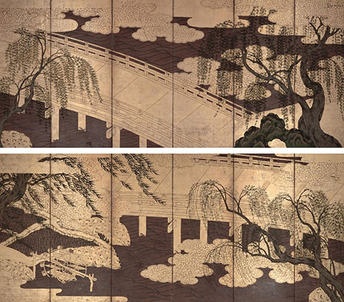 「柳橋水車図屏風」（部分）江戸時代前期 17 世紀 岡田美術館蔵