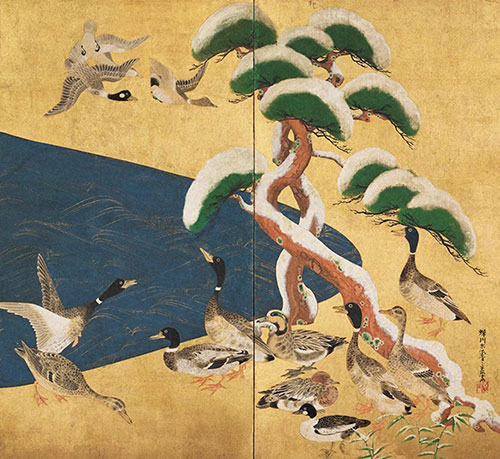 尾形光琳「雪松群禽図屏風」（部分）江戸時代前期 18 世紀初頭 岡田美術館蔵