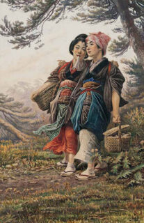 明治時代の田舎の農婦2人が農作業で歩いている情景