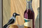 アメリカ人アーティストアンディ・ブラウン作品 赤い飲み物が入ったボトルと小鳥（小さな鳩？）が並んでいる静物画