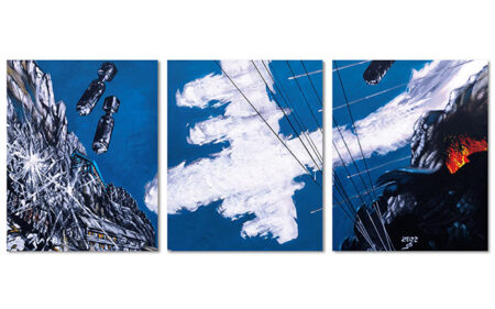中村宏作品「空襲」雲でできたB29が街に爆弾を落としている絵