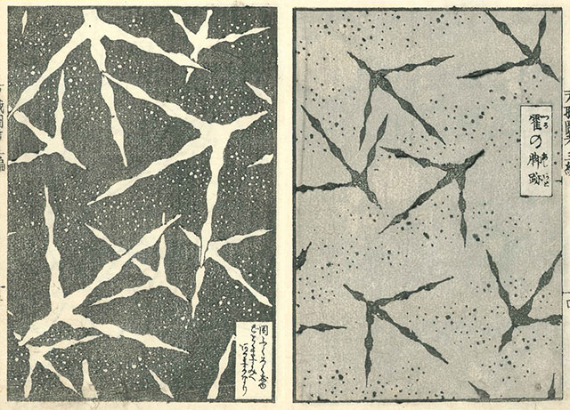 3本足の鳥の足跡をデザイン化した着物の柄を紹介した江戸時代の本の見開きページ