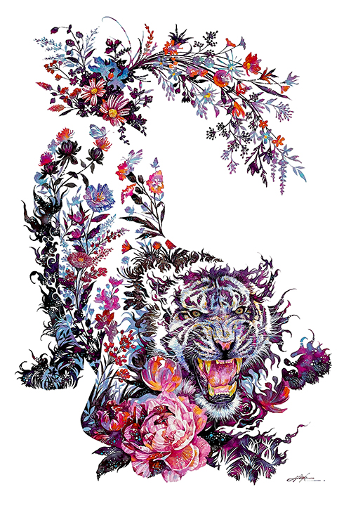 花で装飾された虎の絵