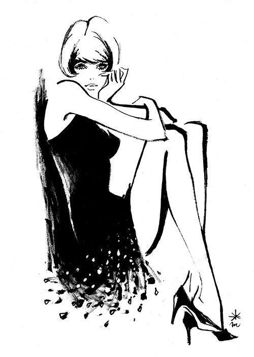 墨色の女性の座った姿のイラスト