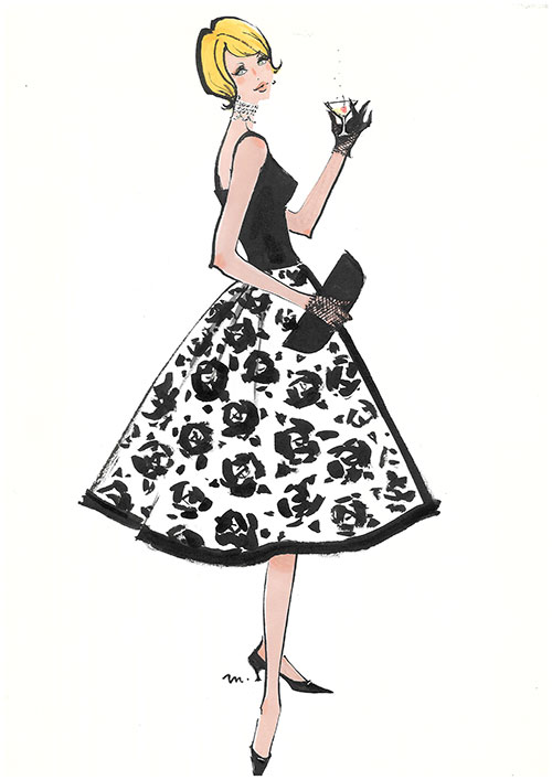 黒と白のドレスを着た女性のイラスト