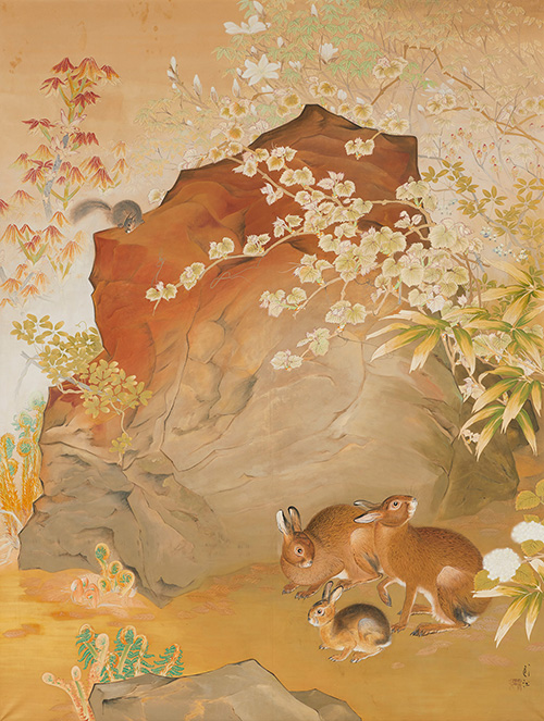 岩陰にうさぎが二兎いる情景を描いた日本画