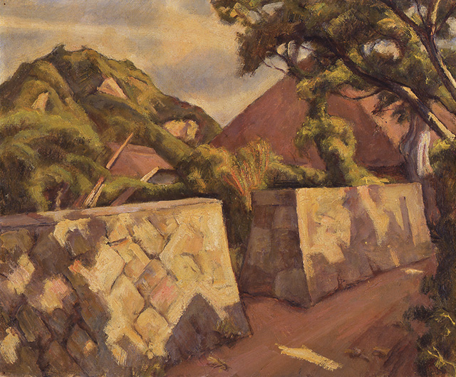 戦前の家の情景、石垣が立派な家屋の油絵