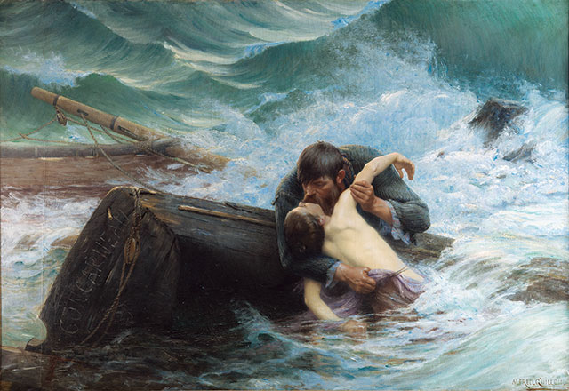 荒波の波間に漂流する2人の男の絵
