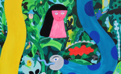 作品イメージ。森にへび、少女などが明るくはっきりと描かれた絵
