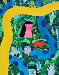 作品イメージ。森にへび、少女などが明るくはっきりと描かれた絵
