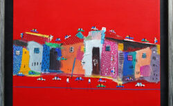 赤いベタの背景にカラフルな3階建ての住居が並ぶ絵