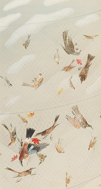 作品《かすみ網》霞網に絡まる小鳥たちを描いている