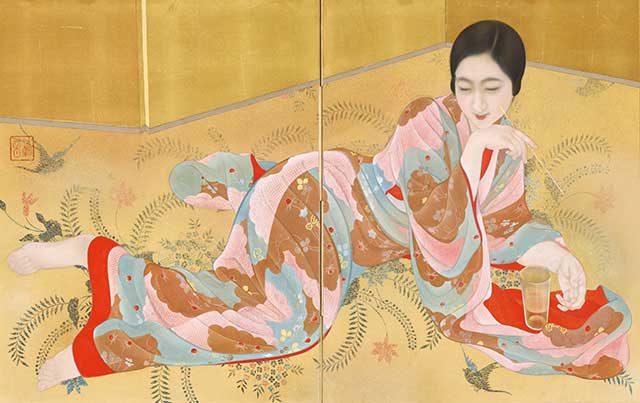 横たわる着物姿の女性の日本画
