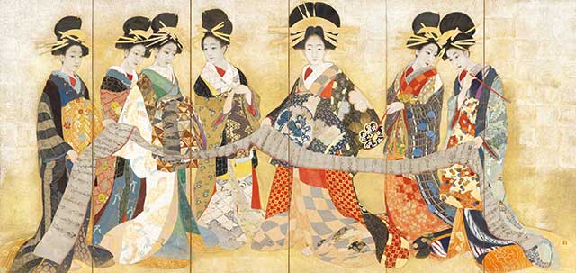 絢爛豪華な着物姿の7人の女性の日本画