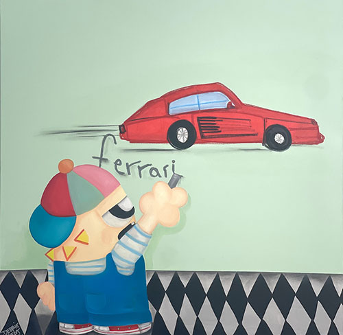 フェラーリを壁に落書きする子供の絵画作品