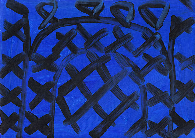 青色の地にラタンの椅子の網目だけが太い黒い線で描かれた作品