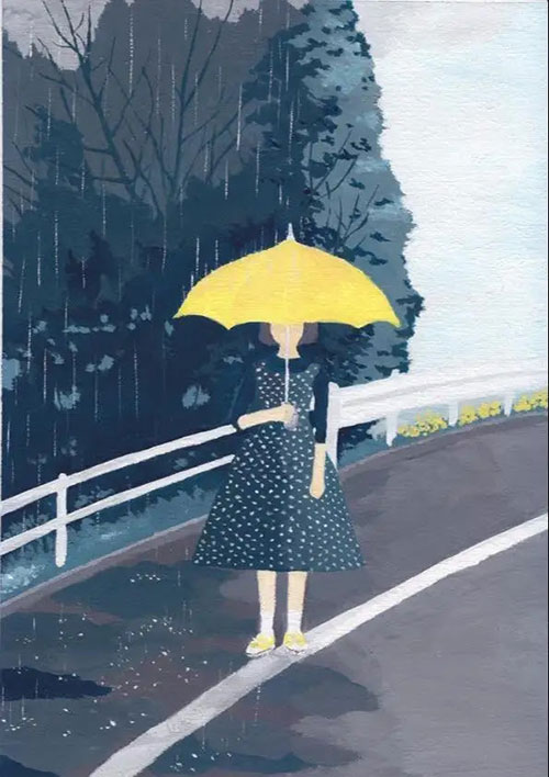 黄色い傘をさして道路に立つ女性のイラスト