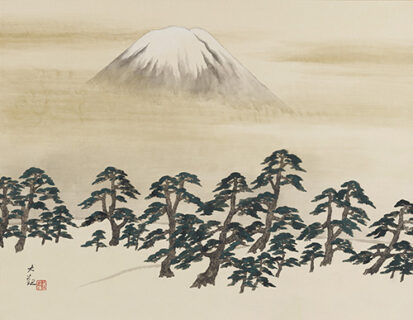 富士山と手前にまつばやしの日本画