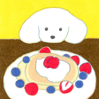 白い子犬とケーキのイラスト