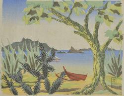 武藤六郎《無人島と赤きカノー（小笠原島）》1935、木版　町田市立国際版画美術館蔵