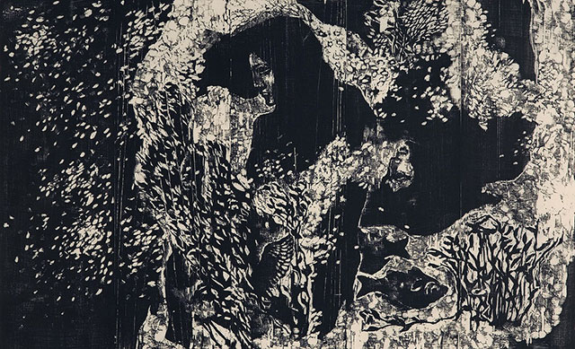 磯見輝夫《沼 いとなみ》1991年 木版凸版 77.2×123.0cm
