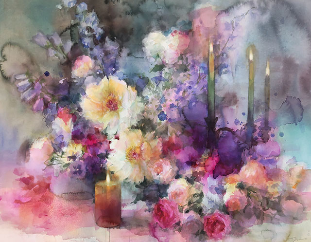 花の水彩画「Happiness」65×78cm