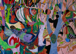 《果樹園とシーラカンス》（2024）木製パネルにアクリル、油彩、蝶板
