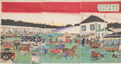 歌川広重（三代）《鉄道馬車往復日本橋之真図》1882（明治15）年、鉄道博物館蔵