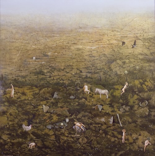 川口起美雄《故郷を喪失したものたち》1982年 テンペラ、油彩、板 東京オペラシティ アートギャラリー蔵