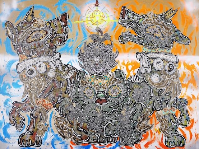 《雪の日、エゾオオカミのスピリット達の呼びかけにたくさんの仲間たちがやって来たよ》 2025年 アクリル、 キャンヴァス 作家蔵