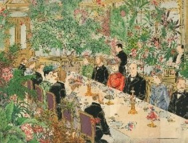 口絵「大隈伯爵家温室内の食卓」 増補註釈『食道楽』 冬の巻 より 明治 37 年(1904)