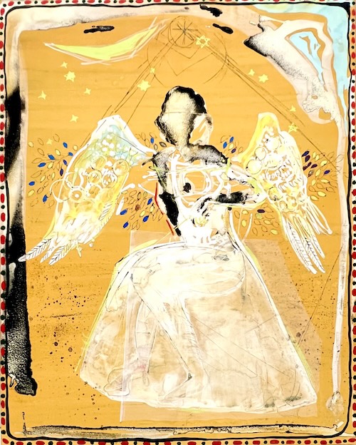 秋葉麻由子《天使》雲肌麻紙・岩絵具・膠・レース W727×H910mm 2024年