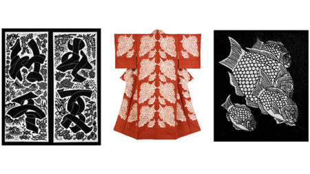 左から「布文字春夏秋冬二曲屏風」の型紙(1965)・「鯛泳ぐ文着物」（1964）・「鯛泳ぐ文着物」の型紙（東北福祉大学芹沢銈介美術工芸館蔵）