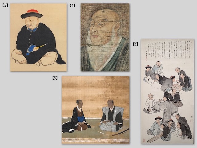 【3】斎藤秋圃《江稼圃肖像》部分・当館蔵【4】《吉雄耕牛肖像画》部分・当館蔵【5】《本木仁太夫良永の絵像》部分・当館蔵【6】荒木君瞻筆、金井莎邨賛《梅関高士送別之図》仙台市博物館所蔵
