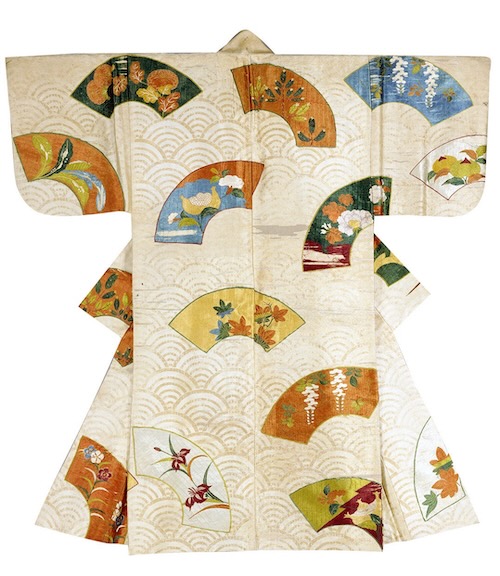 縫箔 白地青海波に扇面散模様 日本・江戸時代