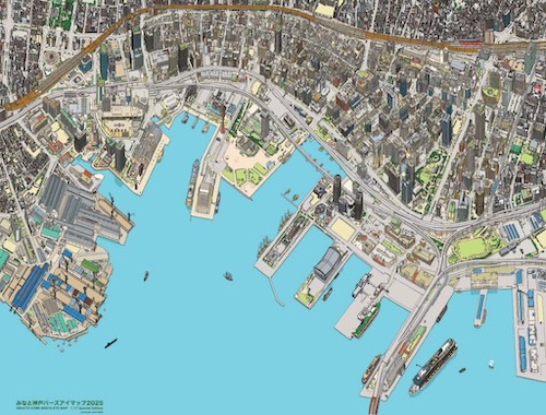 「みなと神戸バーズアイマップ2025 1.17特別版」製図用ペン、デジタル彩色、ジークレープリント