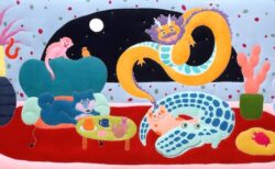 《ホームパーティー》450×1000mm　布、染料、糸（2025）