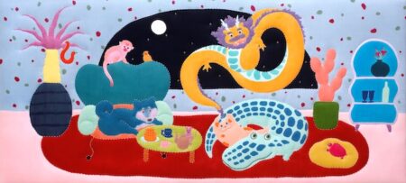 《ホームパーティー》450×1000mm　布、染料、糸（2025）