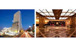 　フェア会場のANAクラウンプラザホテルグランコート名古屋の外観（左）とロビー