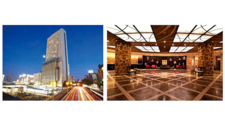 　フェア会場のANAクラウンプラザホテルグランコート名古屋の外観（左）とロビー