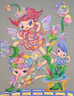 Bibi Lei《Flowa Fairies Fight, Scarlet》2026, Acrylic on Raw Linen Canvas, 1170×910mm
