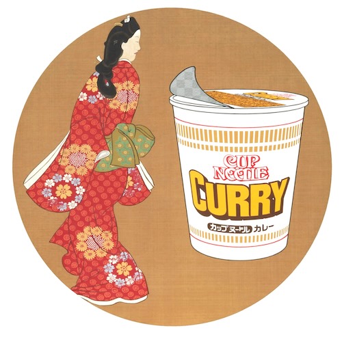 高村総二郎「カップヌードルカレー 見返り美人図」 絹にアクリル絵の具